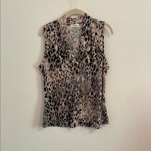 Calvin Klein Cream and Brown Sleeveless Blouse Fitted Notched Collar